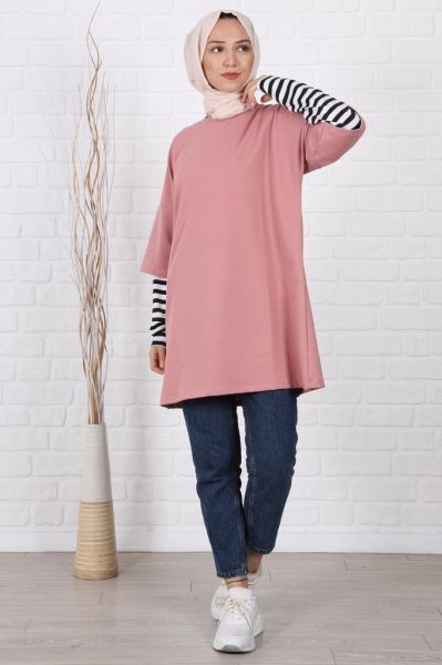 Kolları Çizgili Uzun Kol Oversize Sweat Pudra
