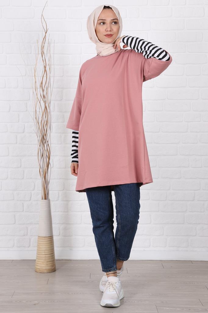Kolları Çizgili Uzun Kol Oversize Sweat Pudra
