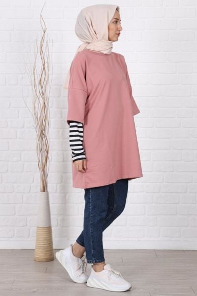 Kolları Çizgili Uzun Kol Oversize Sweat Pudra