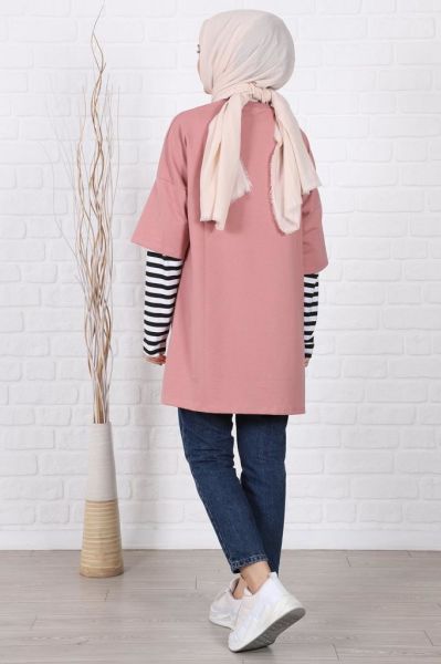 Kolları Çizgili Uzun Kol Oversize Sweat Pudra