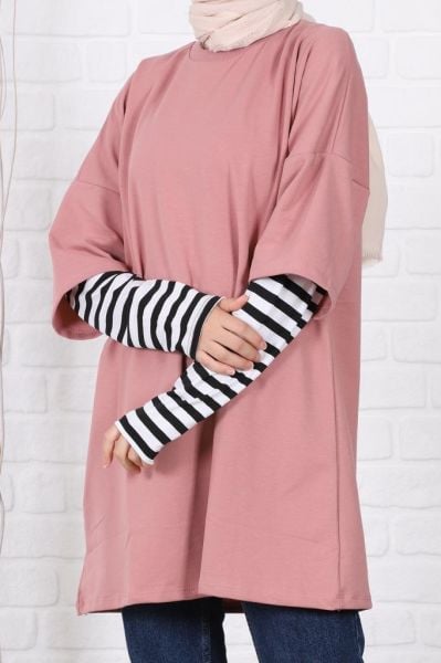 Kolları Çizgili Uzun Kol Oversize Sweat Pudra