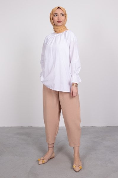 Beli Bağcıklı Bol Kesim Tesettür Pantolon Vizon