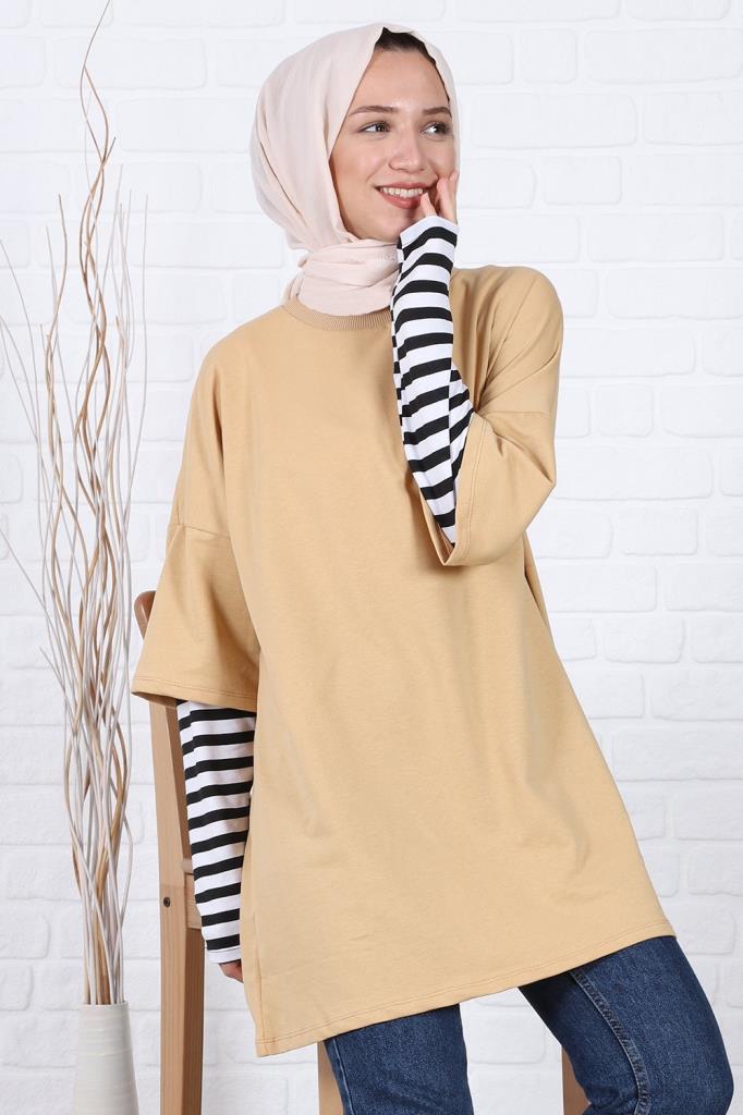 Kolları Çizgili Uzun Kol Oversize Sweat Hardal