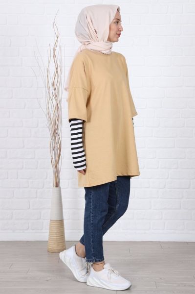 Kolları Çizgili Uzun Kol Oversize Sweat Hardal