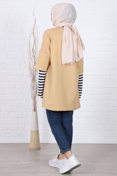 Kolları Çizgili Uzun Kol Oversize Sweat Hardal