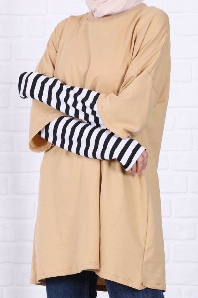 Kolları Çizgili Uzun Kol Oversize Sweat Hardal
