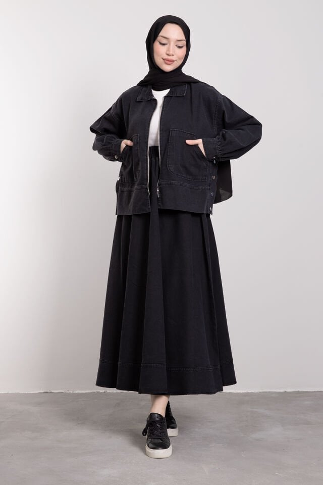 Oversize Cepli Fermuar Kapama Tensel Jean Takım Siyah
