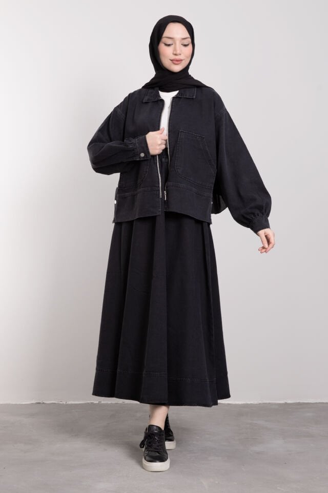 Oversize Cepli Fermuar Kapama Tensel Jean Takım Siyah