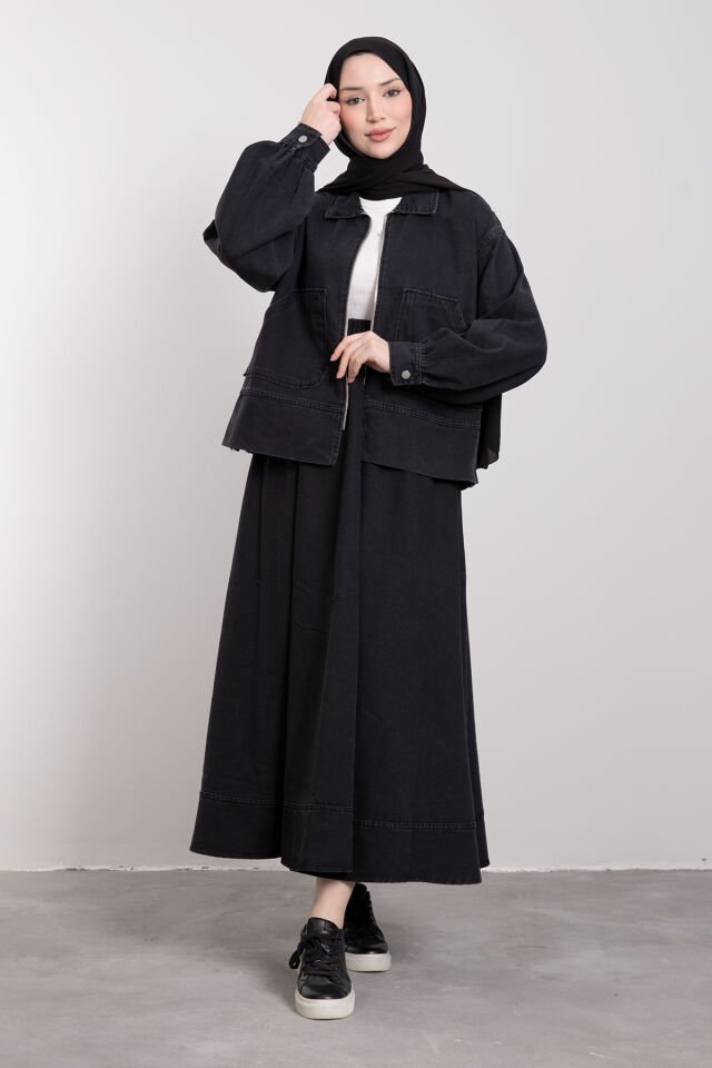 Oversize Cepli Fermuar Kapama Tensel Jean Takım Siyah