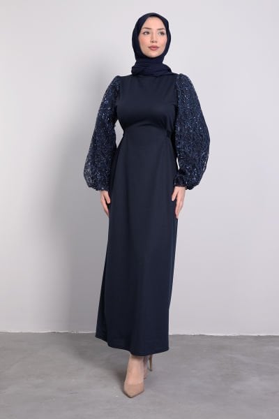 Kolları Işıltıllı Sim İşlemeli Tesettür Abiye Lacivert