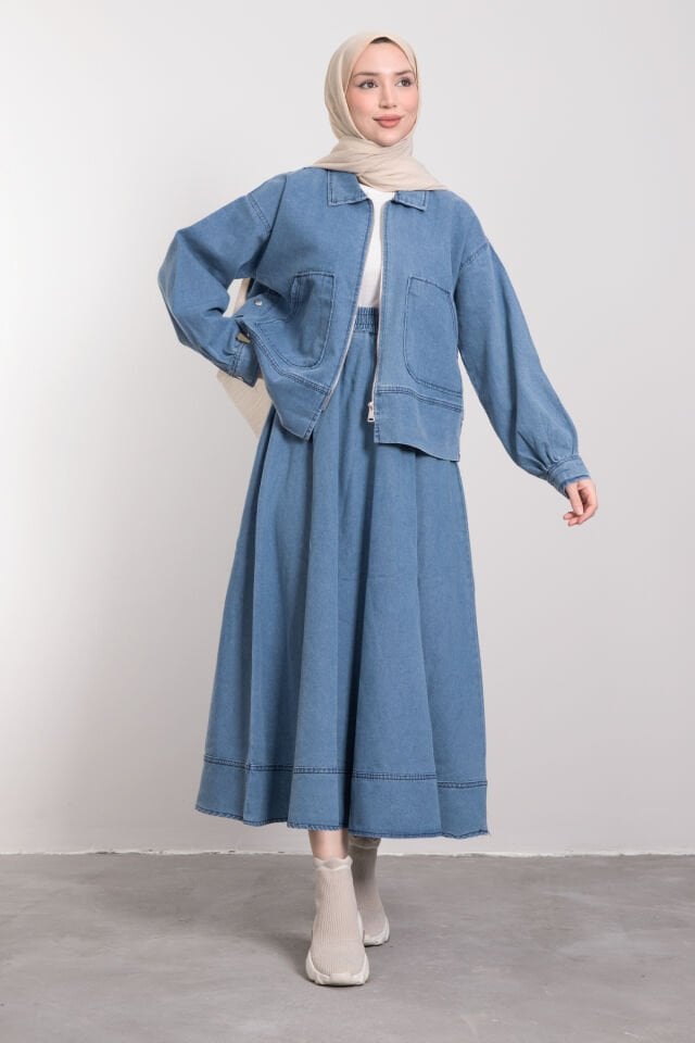 Oversize Cepli Fermuar Kapama Tensel Jean Takım Mavi