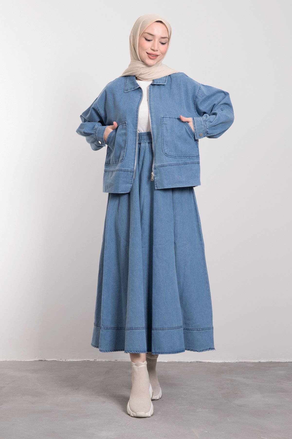 Oversize Cepli Fermuar Kapama Tensel Jean Takım Mavi