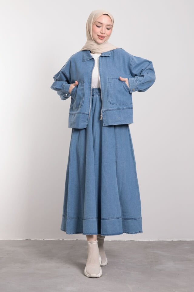 Oversize Cepli Fermuar Kapama Tensel Jean Takım Mavi
