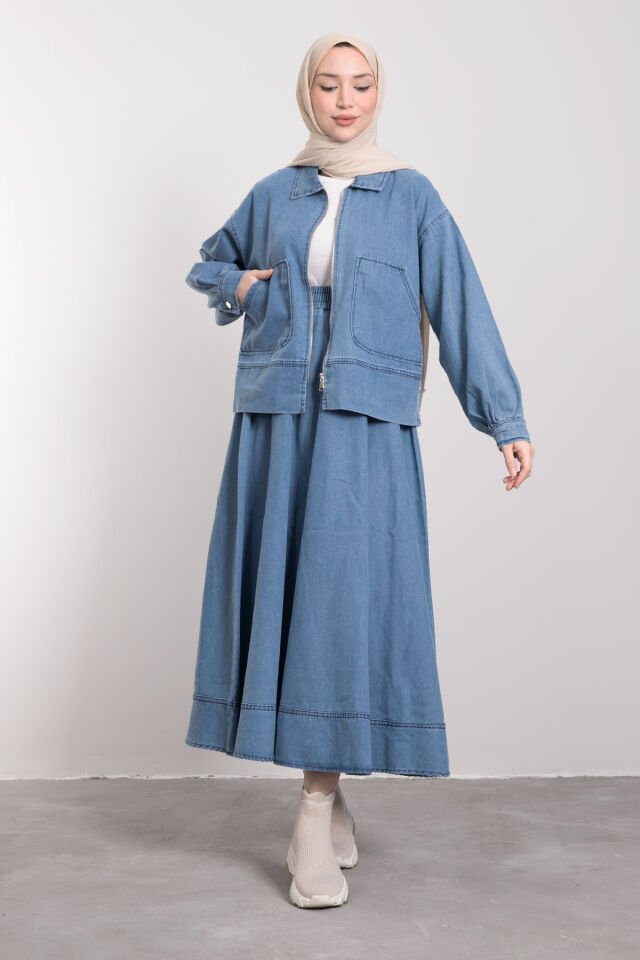 Oversize Cepli Fermuar Kapama Tensel Jean Takım Mavi