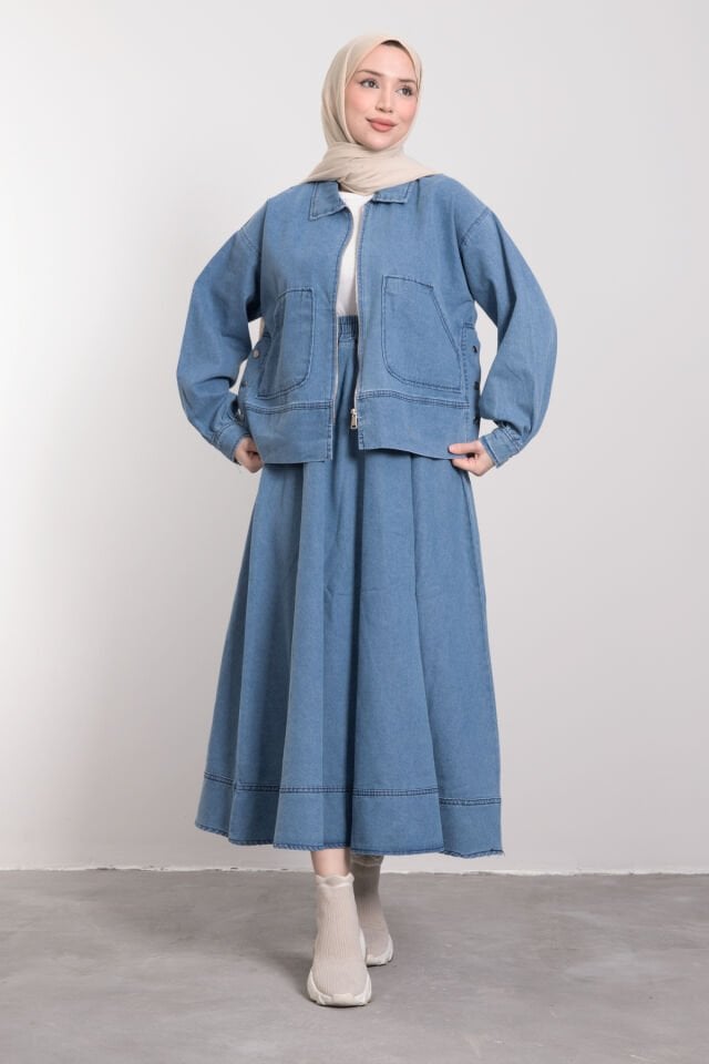 Oversize Cepli Fermuar Kapama Tensel Jean Takım Mavi