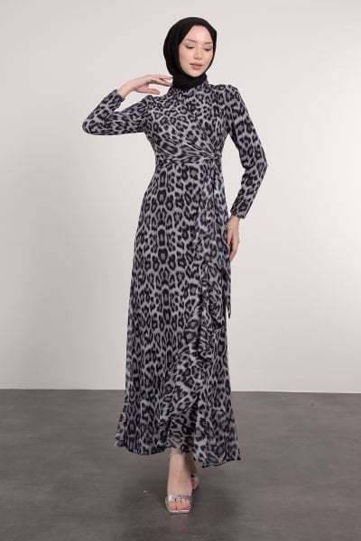 Leopar Desenli Kuşaklı Tesettür Elbise Gri