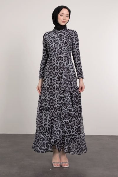 Leopar Desenli Kuşaklı Tesettür Elbise Gri
