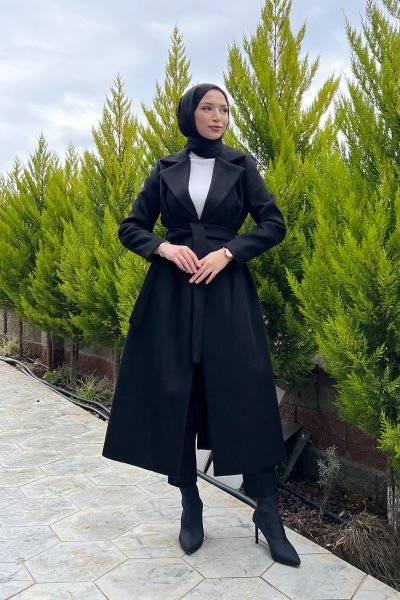 Ceket Yaka Kuşaklı Kalın Tesettür Kaşe Kaban Siyah