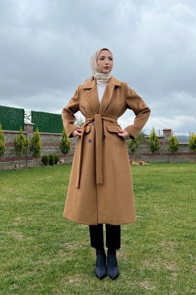Gömlek Yaka Düğmeli Kalın Tesettür Kaşe Kaban Camel