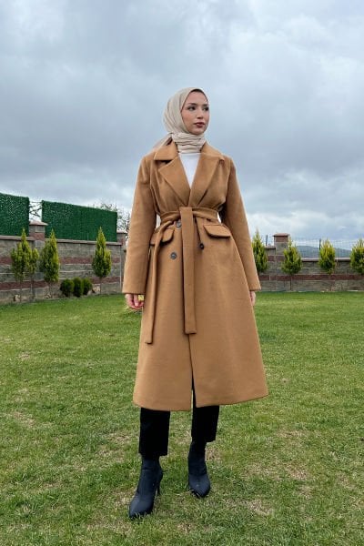 Gömlek Yaka Düğmeli Kalın Tesettür Kaşe Kaban Camel