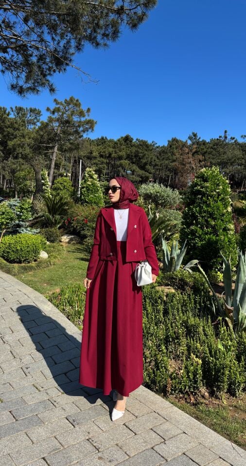 Platin Düğme Detaylı Ceketli Etek Takım Bordo
