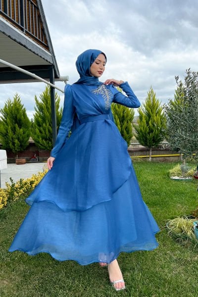 Yaprak Desen Taş İşleme Tesettür Abiye İndigo