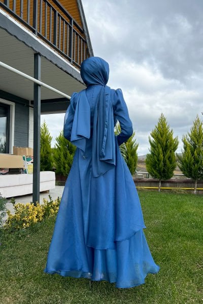 Yaprak Desen Taş İşleme Tesettür Abiye İndigo