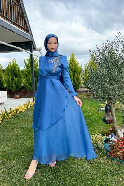 Yaprak Desen Taş İşleme Tesettür Abiye İndigo