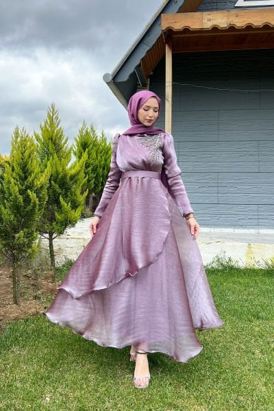 Yaprak Desen Taş İşleme Tesettür Abiye Lavanta