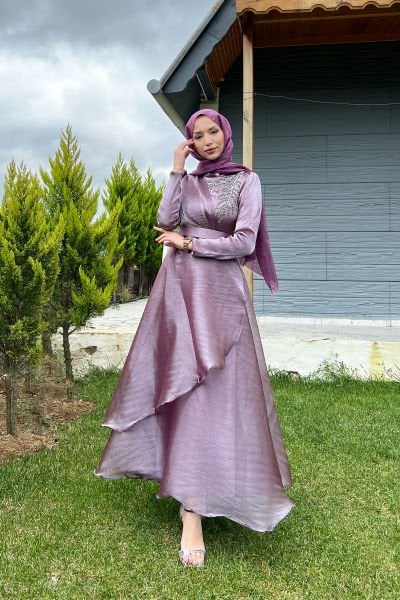 Yaprak Desen Taş İşleme Tesettür Abiye Lavanta