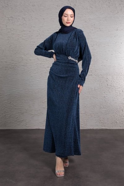 Beli Taş İşlemeli Büzgülü Abiye Lacivert