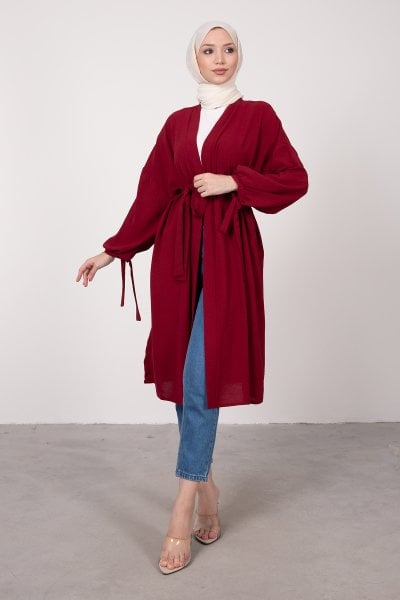 Geniş Balon Kol Kuşaklı Tesettür Kimono Bordo