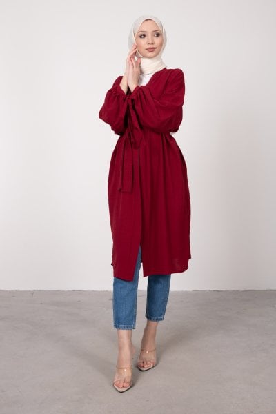 Geniş Balon Kol Kuşaklı Tesettür Kimono Bordo