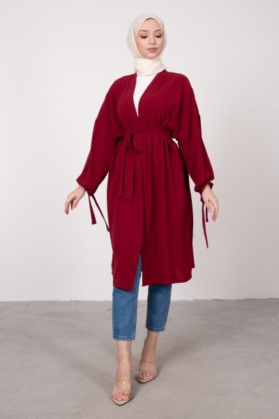 Geniş Balon Kol Kuşaklı Tesettür Kimono Bordo