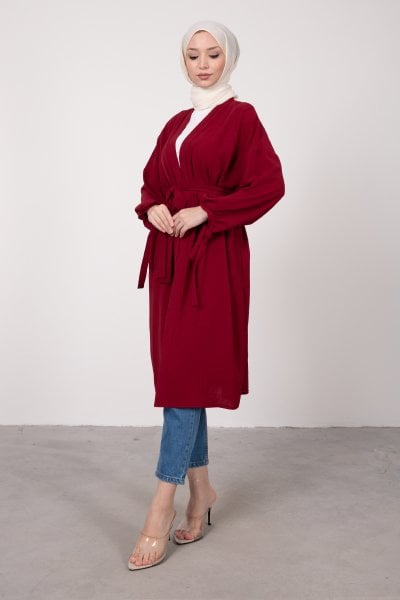 Geniş Balon Kol Kuşaklı Tesettür Kimono Bordo