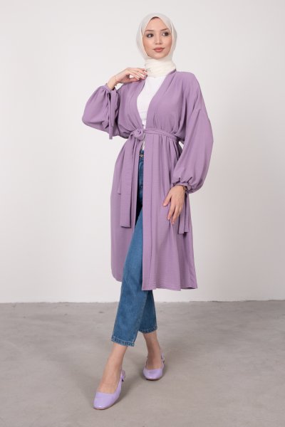 Geniş Balon Kol Kuşaklı Tesettür Kimono Lila