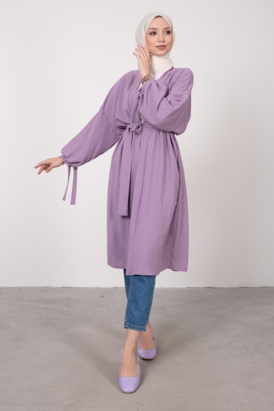 Geniş Balon Kol Kuşaklı Tesettür Kimono Lila