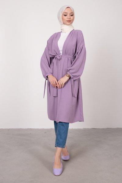 Geniş Balon Kol Kuşaklı Tesettür Kimono Lila