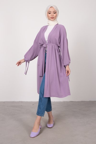 Geniş Balon Kol Kuşaklı Tesettür Kimono Lila