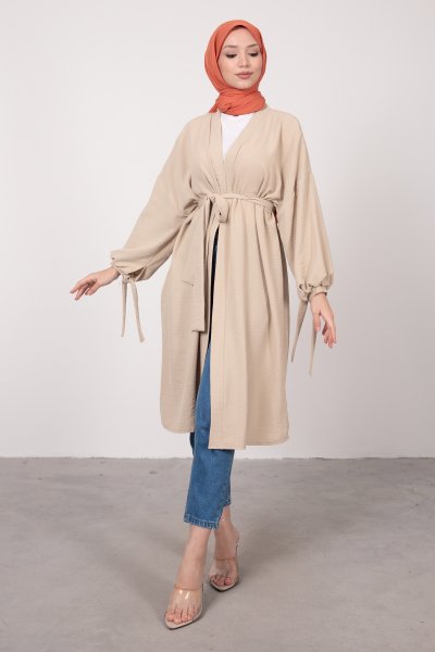 Geniş Balon Kol Kuşaklı Tesettür Kimono Krem