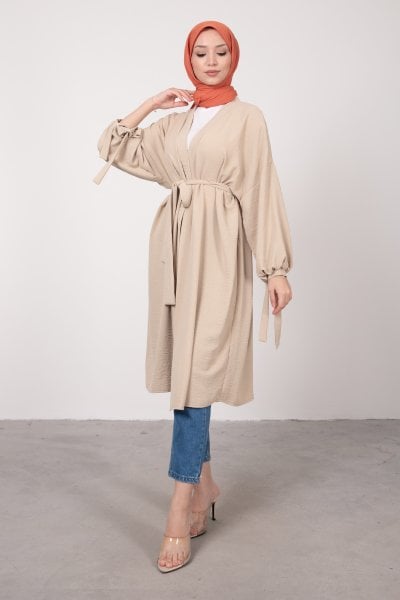 Geniş Balon Kol Kuşaklı Tesettür Kimono Krem