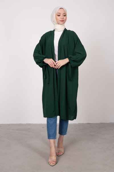 Geniş Balon Kol Kuşaklı Tesettür Kimono Zümrüt