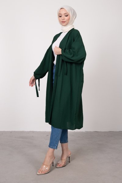 Geniş Balon Kol Kuşaklı Tesettür Kimono Zümrüt