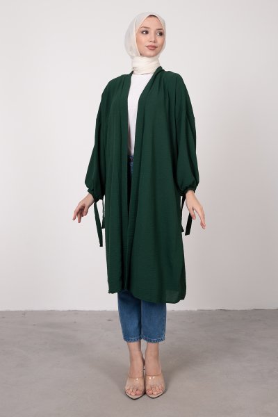 Geniş Balon Kol Kuşaklı Tesettür Kimono Zümrüt