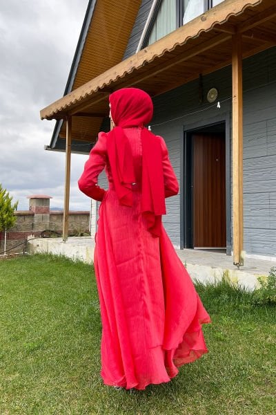 Yaprak Desen Taş İşleme Tesettür Abiye Kırmızı