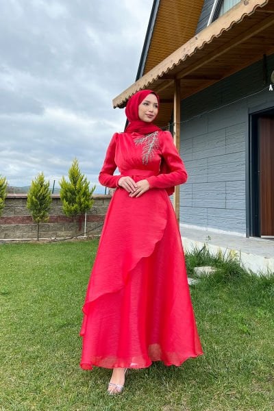 Yaprak Desen Taş İşleme Tesettür Abiye Kırmızı