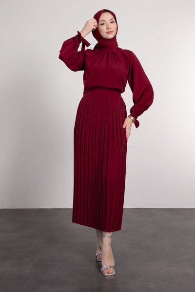 Pilise Etekli Kolları İpli Tesettür Takım Bordo