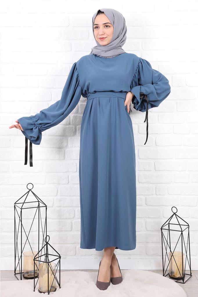 Kolları Büzgülü Tesettür Elbise İndigo Mavi