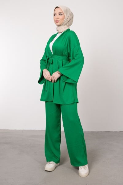 Kimono Rahat Kesim Örme Gofre Tesettür Takım Çim Yeşili