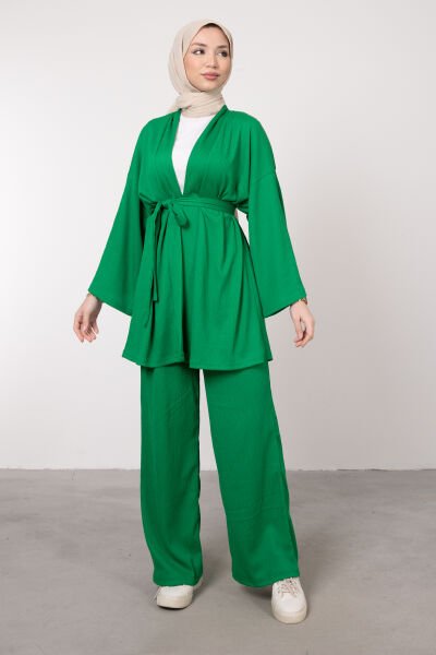 Kimono Rahat Kesim Örme Gofre Tesettür Takım Çim Yeşili